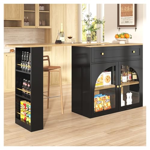 Kücheninsel,Ausziehbarer Bartisch mit Stauraum,360° drehbare Essbar,Moderner Beweglicher Küchentresen,Sideboardschrank mit Regalen und Glas,MDF,für Küchen Restaurants Esszimmer(Black) von DELVOYE