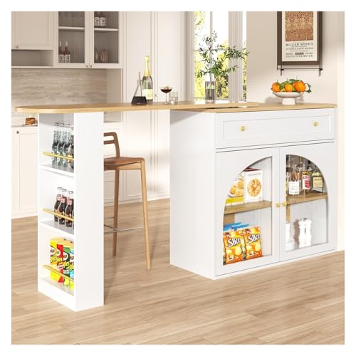 Kücheninsel,Ausziehbarer Bartisch mit Stauraum,360° drehbare Essbar,Moderner Beweglicher Küchentresen,Sideboardschrank mit Regalen und Glas,MDF,für Küchen Restaurants Esszimmer(White) von DELVOYE