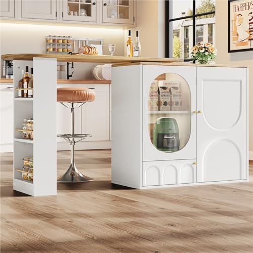 Kücheninsel freistehend,360° Drehbare Bartisch,Küchenschrank mit herausnehmbare Trennwände,Buffetschrank mit Seitenregalen,Sideboard mit Stauraum,MDF,für Küchen Restaurants(White) von DELVOYE