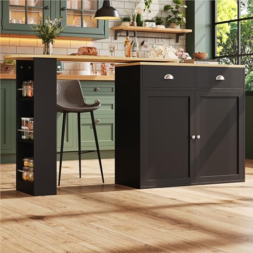 Kücheninsel freistehend,360° drehbare Essbar,Küchenschrank mit arbeitsplatte,Buffetschrank mit Seitenregalen und 2 Schubladen,Sideboard mit Stauraum,MDF,für Küche Esszimmer(Black B) von DELVOYE