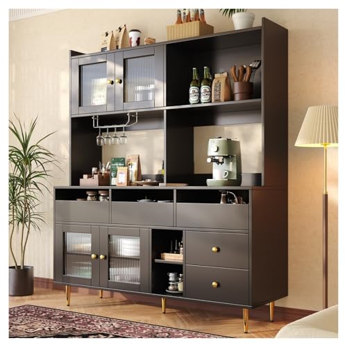 Restaurant-Hochschrank,Buffet de Cuisine mit Changhong-Glastür,Meuble de Rangement Weinglasregal,Elegantes Vaisselier mit Golddekoration,MDF,Geeignet für Restaurants Küche(Black) von DELVOYE