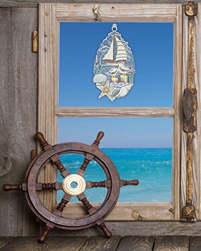 DEMASol Fensterbild Möwen mit Segelboot und Muscheln Plauener Spitze Maritime Bad-Deko 28 x 15 cm von DEMASol