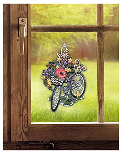 DEMASol Fensterbild Fahrrad mit Blumen 18 x 26 cm (BxH) echte Plauener Spitze inkl. Saughaken von DEMASol