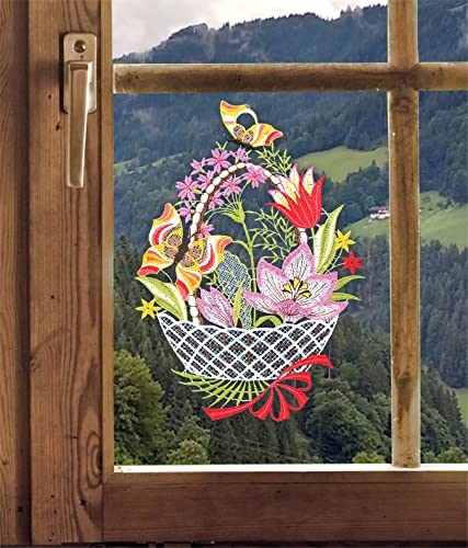 Fensterbild Frühlingskorb Plauener Spitze Blumen-Fensterdeko mit Schmetterling Spitzenbild 28 x 20 cm von DEMASol