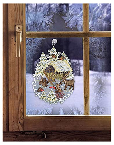 Fensterbild Futterkrippe 19 x 29 cm (BxH) echte Plauener Spitze inkl. Saughaken Fensterdekoration für die Winter - und Weihnachtszeit von DEMASol