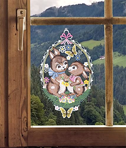 Fensterbild Hasenpaar Plauener Spitze Osterhase gestickte Fensterdeko Ostern Frühling 31 x 19 cm von DEMASol