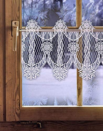 Spitzengardine Schneeflocken aus echter Plauener Spitze in weiß mit Ornament-Muster Weihnachts-Wintergardine 32 x 80 cm von DEMASol