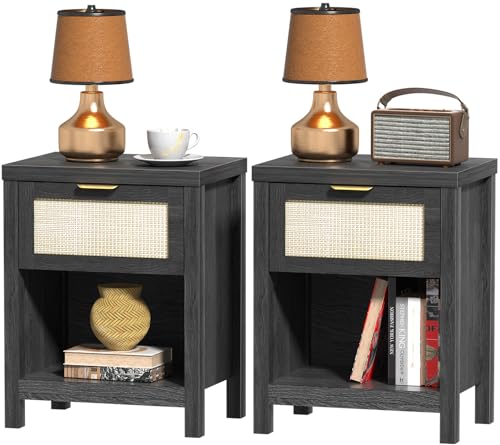DEMEGA Rattan Nachttisch 2er Set Bauernhaus Schwarz Beistelltisch mit Schublade und Aufbewahrungsregal Boho Nachttisch für Schlafzimmer Beistelltische für Wohnzimmer von DEMEGA