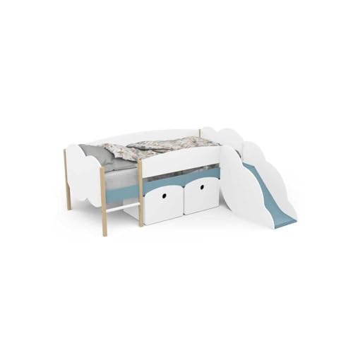 DEMEYERE Bett Rutsche – 90 x 200 cm – Lattenrost – 2 Schubladen – Weiß und Blau von Demeyere