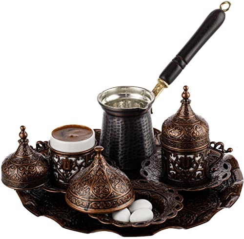 DEMMEX 2023 türkisches griechisches arabisches Kaffee-Set mit Tassen, Untertassen, Deckel, Zuckerdose, Tablett und Kupfer-Kaffeekanne, 12-teilig von DEMMEX