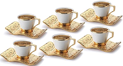 DEMMEX Set mit 6 Espressotassen für türkischen griechischen Kaffee mit Tassenhaltern und Untertassen, Porzellantassen, verzierten goldfarbenen Metalluntertassen und Tassenhaltern, 80 ml (Weiß – Gold) von DEMMEX