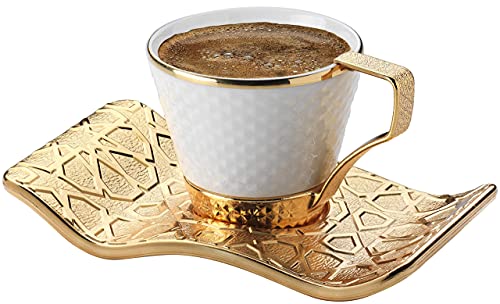 DEMMEX Set mit 6 Espressotassen für türkischen griechischen Kaffee mit Tassenhaltern und Untertassen, Porzellantassen, verzierten goldfarbenen Metalluntertassen und Tassenhaltern, 80 ml (Weiß – Gold) von DEMMEX