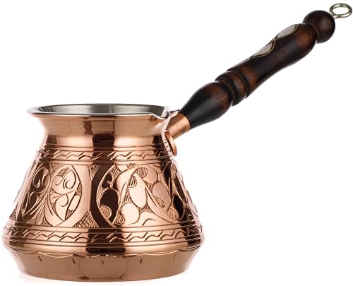 DEMMEX Große türkische Kaffeekanne aus massivem Kupfer, extra dick, 1 mm, für griechische, arabische Kaffeemaschine, Cezve, Ibrik, Briki, Holzgriff und Löffel, handgraviert, für 5–6 türkische von DEMMEX