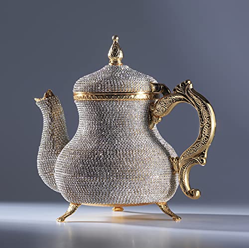 DEMMEX Handgefertigter, atemberaubender türkisch-marokkanischer arabischer dekorativer goldfarbener Teekessel mit Kristall-Strasssteinen, 1,2 kg, 20,3 x 17,8 cm von DEMMEX