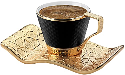 DEMMEX Set mit 6 atemberaubenden Espressotassen für türkischen griechischen Kaffee mit Getränkehaltern und Untertassen, 18-teilig, 80 ml (Schwarz – Gold) von DEMMEX