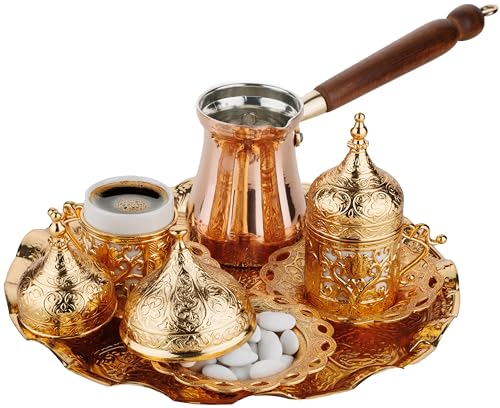 DEMMEX Türkisch-griechisch-arabisches Kaffeezubereitungs- und Servierset, komplettes Set mit Tassen, Untertassen, Deckel, Zuckerdose und Kupfer-Kaffeekanne, 12-teilig (Gold) von DEMMEX