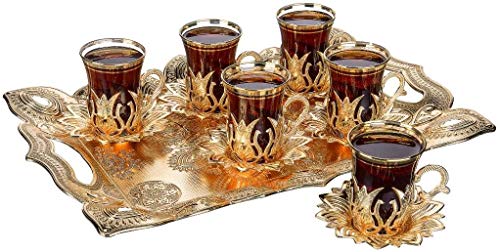 DEMMEX Türkische Teegläser mit Tablett und Löffel, 25 Stück, 100 ml, Gold, 6 Stück von DEMMEX