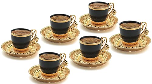 Set mit 6 Stück Demmex Türkisch Griechisch Arabisch Kaffee Espresso Porzellan Demitasse Tasse Untertasse Löffel Set Schwarz Tassen (Gold) von DEMMEX