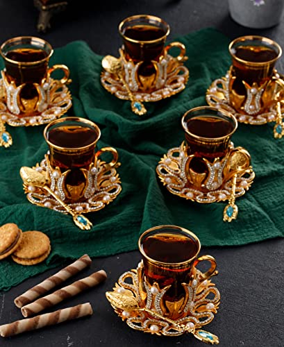 Set mit 6 handgefertigten kleinen Teegläsern und Untertassen im türkischen Stil, mit Kristallen und Perlen, Gold, 85 ml von DEMMEX