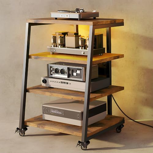 4 Ebenen HiFi Rack | mit Steckdosenleisten & Verstellbaren Ablage | 4 Schwenkbaren Rädern & 2 LED-Leuchten （APP-STEUERUNG) | 60X51X85cm Plattenspieler Tisch Medienständer HiFi Regal aus Holz & Stahl von DENEWERK