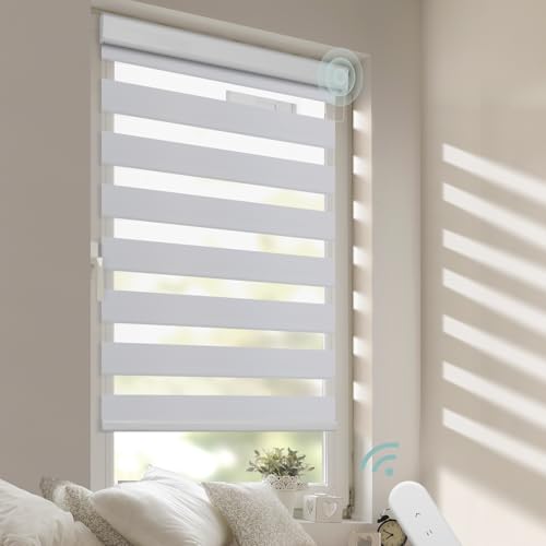 DENFOON Elektrisches Doppelrollo 100cm X 150cm, Klemmträger Für Doppelrollo, Duo Rollo mit Kassette und Fernbedienung, Höhe Stufenlos Verstellbar/Kindersicherung für Fenster von DENFOON