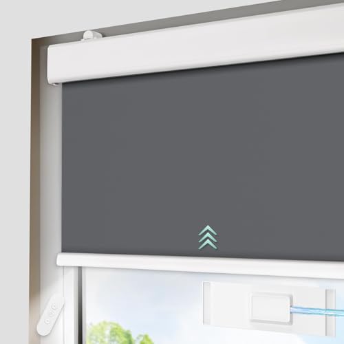 DENFOON Solar Elektrische Rollos thermorollo mit Fernbedienung Verdunklungsrollo ohne/mit Bohren easyfix Klemmfix Wiederaufladbar Akku Rohrmotor Rollo Anthrazit von DENFOON