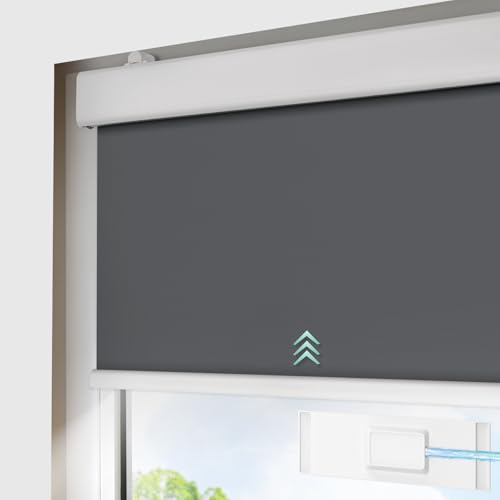 DENFOON Solar Elektrische Rollos thermorollo mit Fernbedienung Verdunklungsrollo ohne/mit Bohren easyfix Klemmfix Wiederaufladbar Akku Rohrmotor Smart Rollo Anthrazit von DENFOON