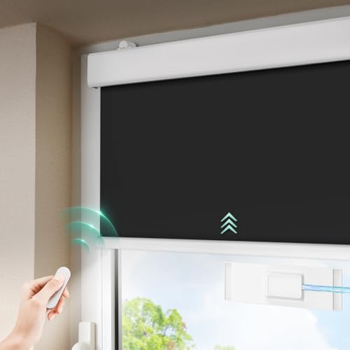 DENFOON Solar Elektrische Rollos Innen,Thermorollo Klemmfix ohne Bohren & mit Bohren,Verdunklungsrollo mit Fernbedienung Wiederaufladbar Akku Rohrmotor Rollo für Fenster Schwarz,70x170cm(B x L) von DENFOON