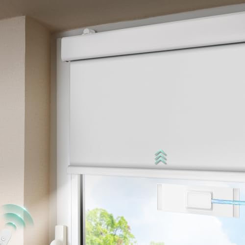 DENFOON Solar Elektrische Rollos thermorollo mit Fernbedienung Verdunklungsrollo ohne/mit Bohren easyfix Klemmfix Wiederaufladbar Akku Rohrmotor Smart Rollo Weiß von DENFOON