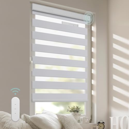Elektrisches Doppelrollo 90cm X 200cm, Klemmträger Für Doppelrollo, Duo Rollo mit Kassette und Fernbedienung, Höhe Stufenlos Verstellbar/Kindersicherung für Fenster von DENFOON