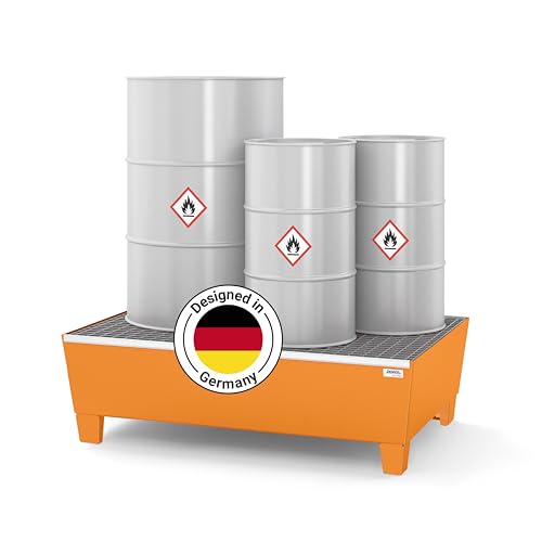 Auffangwanne base-line aus Stahl für 2 Fässer, lackiert, unterfahrbar, m. Gitterrost, 1236x815x350 von DENIOS
