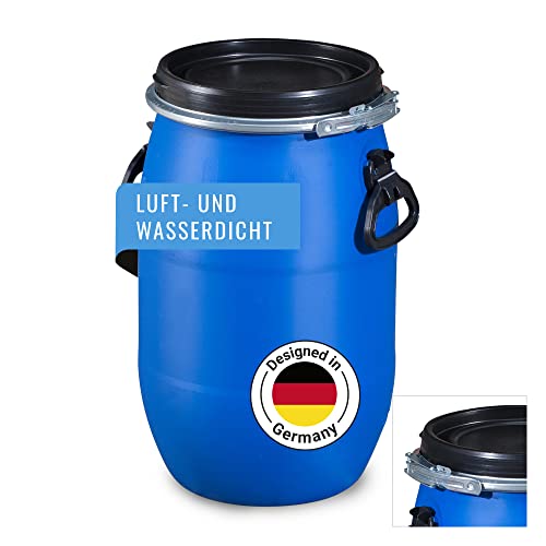 DENIOS® Weithalsfass, Deckelfass 30L, maximal dicht,Weithalsfass mit Spannverschluss | Lebensmittelecht | Universalfass | Futtertonne | R Tierfutter Trinkwasser Camping Lagerfass | Stapelbar von DENIOS