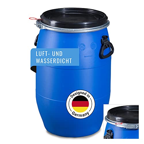 DENIOS® Weithalsfass 60L, maximal dicht, Weithalsfass mit Spannverschluss | Lebensmittelecht | Universalfass | Futtertonne | Regen Maische Tierfutter Trinkwasser Camping Lagerfass | Stapelba von DENIOS