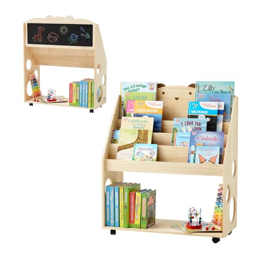 DENMOSTY Kinder Bücherregal Montessori mit Rollen & Tafel, 5-stöckiges Kinderregal Kinderbücherregal Kinderzimmer, Bücher Kinder Regal aus Holz, Spielzeugregal Aufbewahrungsregal Natur von DENMOSTY