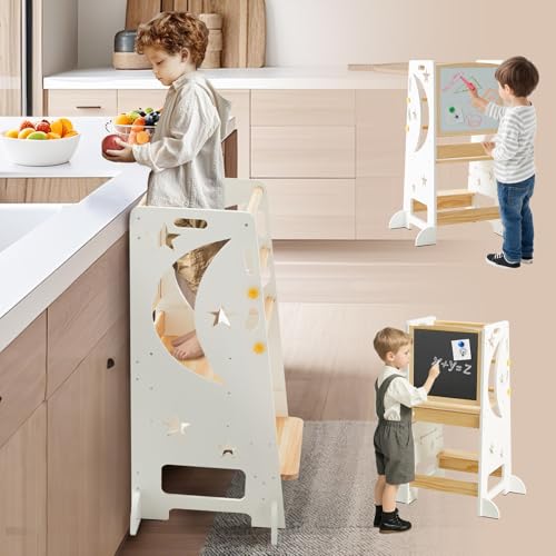DENMOSTY Kinder Lernturm ab 1 Jahr mit Magnetisch Tafel & Whiteboard, Toddler Learning Tower Baby, 3-Fach Höhenverstellbar Montessori Lernturm ab 2 Jahre Küche, Lern Turm Lernstuhl aus Holz (Weiß) von DENMOSTY