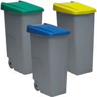 Recycling -Packung Recyclingbehälter 110 Liter jeweils geschlossen: 330 Liter, in 3 Behältern, in blau/grün/gelben Farben von DENOX