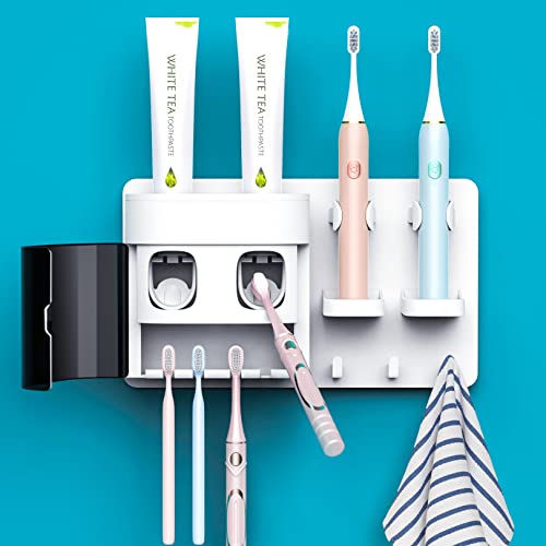 automatischer Zahnpasta-Spender, DENSAIL Zahnbürstenhalter zur Wandmontage mit staubdichter Abdeckung und 2 Zahnpasta-Quetscher, 2 elektrische Zahnbürstenhalter und 4 Zahnbürsten-Organizer-Schlitze von DENSAIL