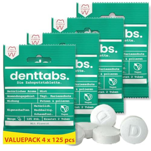 Denttabs Zahnputztabletten die vollwertige Alternative zur Zahnpasta - 4 x 125 Stck. für 8 Monate. Mint mit Fluorid VEGAN Plastikfrei ohne Konservierungsstoffe. Orginal denttabs kompostierbarer Beutel von DENTTABS