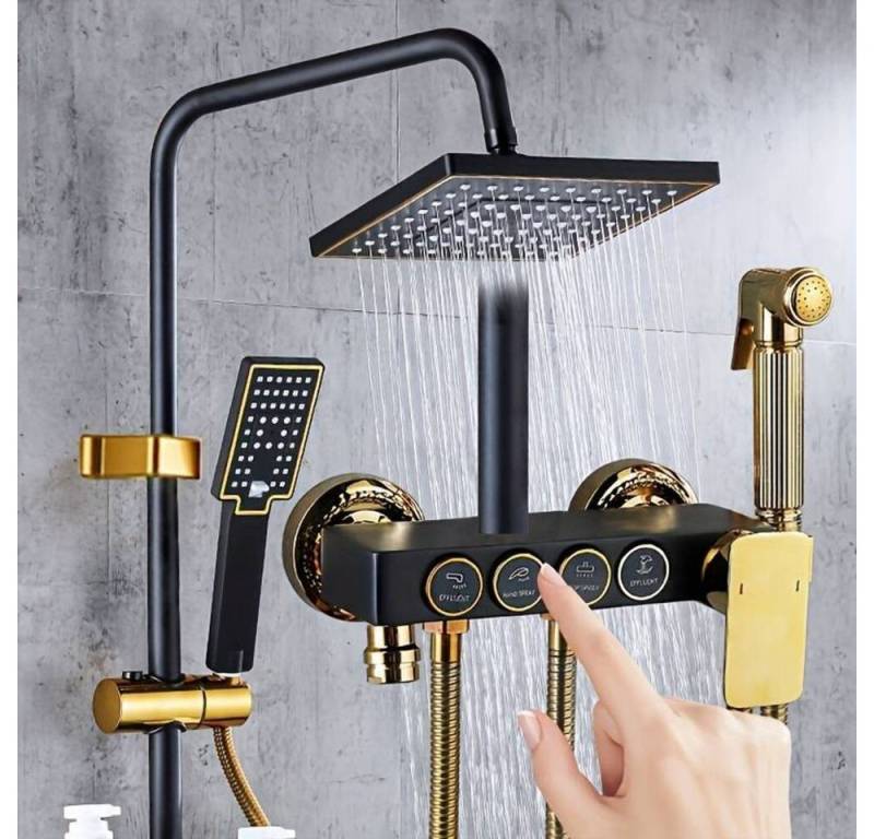 DENU-Home Duschsystem Brausegarnitur Schwarz Gold Thermostat-Mischbatterie für Badezimmer, 4 Strahlart(en), 4-Fach verstellbare Handbrause mit Antikalk-Noppen. von DENU-Home