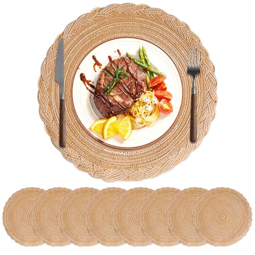 DENUOTOP 8er Set Platzset Rund, Tischsets Platzsets Abwaschbar, Boho Geflochten Hitzebeständig Placemat (8er Blume Streifen, Khaki) von DENUOTOP