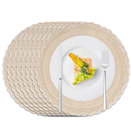 DENUOTOP 8er Set Platzset Rund, Tischsets Platzsets Abwaschbar, Boho Geflochten Hitzebeständig Placemat (8er Blume Streifen, Beige) von DENUOTOP