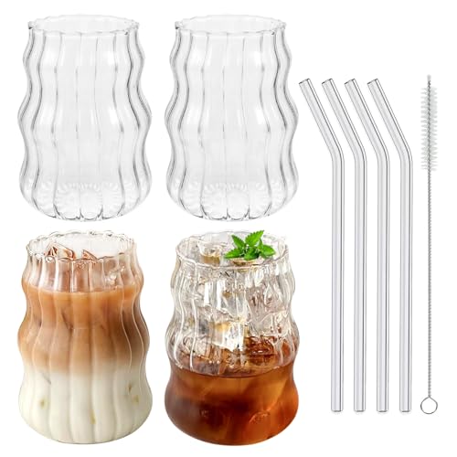 DENUOTOP Gläser mit Glas Strohhalm, 530ml Wassergläser 4er Set, Fancy Trinkgläser, Bubble Glas für Eiskaffee Latte Macchiato, Matcha Mojito Gläser, Spülmaschinenfest von DENUOTOP