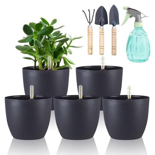 DENUOTOP Selbstbewässerungstopf, Blumentopf mit Bewässerungssystem, Pflanzentopf mit Wasseranzeiger Schwarz 5er-Set 15cm Hydrokultur Topf, Übertöpfe für Zimmerpflanzen und Außenbereich von DENUOTOP