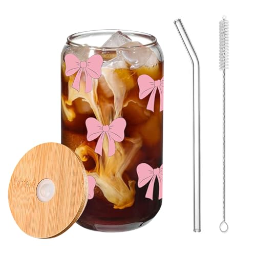 Trinkglas mit Strohhalm und Deckel, 500ml Gläser Wassergläser, Rosa Niedlich Bow Design, Fancy Bubble Glas für Eiskaffee Latte Macchiato, Matcha Mojito von DENUOTOP