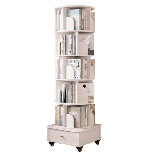 DEOPXF Drehbares Bücherregal 360 Grad Drehung Anti Fall Schallwand Stabile Struktur Bücherregale Geräuschlose Universalräder Leicht Zu Bewegen(Warm White,173cm) von DEOPXF