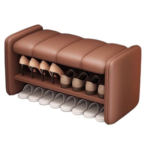 DEOPXF Schuhbank Massivholzrahmen Vollledersitze Stabil Und Langlebig Ohne Zu Wackeln Schuhregal Holz Doppelschichtige Aufbewahrung(Braun,80x36x40cm) von DEOPXF