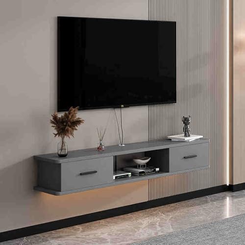 DEOXPF Hängender TV Schrank Geräumige Arbeitsplatte Abgerundete Ecken TV Board An Der Wand Montiert um Platz zu Sparen mit Loch zum Einfädeln(Gray,100cm) von DEOPXF