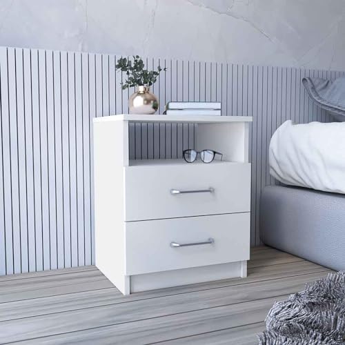 Depot E-Shop Salento Nachttisch mit 2 Schubladen und offenem Regal Weiß von DEPOT E-SHOP