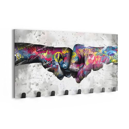 DEQOART Wandgarderobe Glas & Metall | Motiv Graffiti-Handschlag | 60x30 cm | Design Haken-Leiste modern | Garderoben-Paneel für Flur, Wohnzimmer & Schlafzimmer | magnetisch & beschreibbar von DEQOART