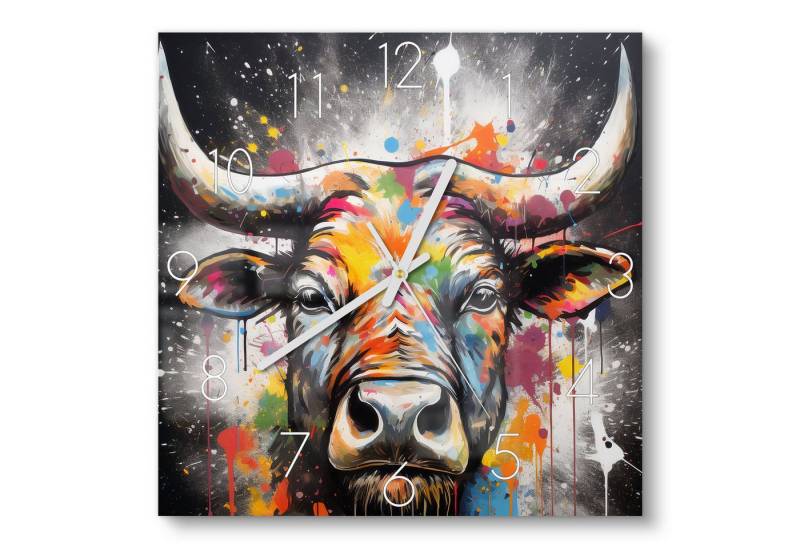 DEQOART Wanduhr 'Farbenfrohe Stierkraft' (Glas Glasuhr modern Wand Uhr Design Küchenuhr) von DEQOART